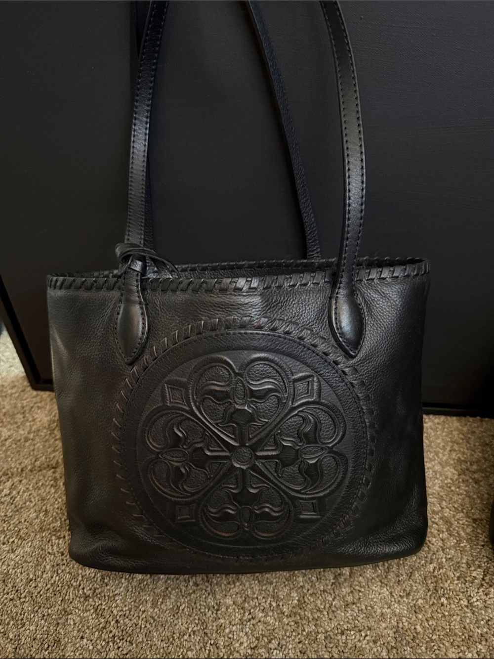 Brighton Black Leather Tote with Embossed Medallion